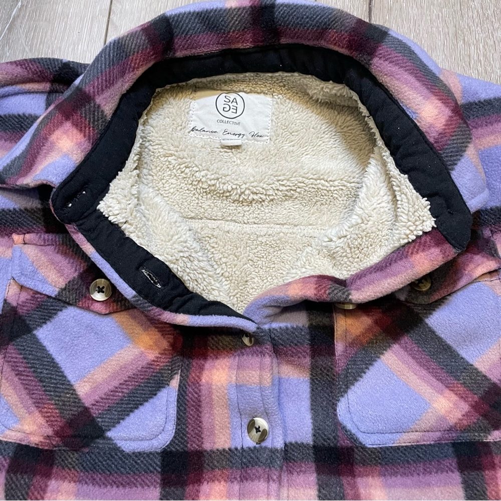 SAGE Collective Purple Plaid Sherpa Lined Shacket Jacket M Cozy Flannel - Picture 5 of 7